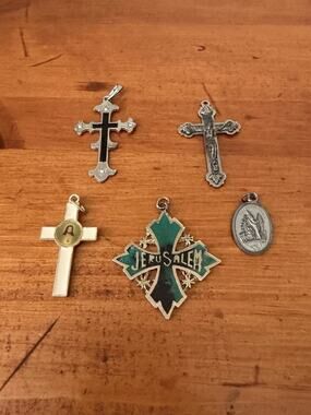 Vintage Religious Cross Crucifix Pendant Lot Jerusalem Sacred Heart Medal 5 Pc